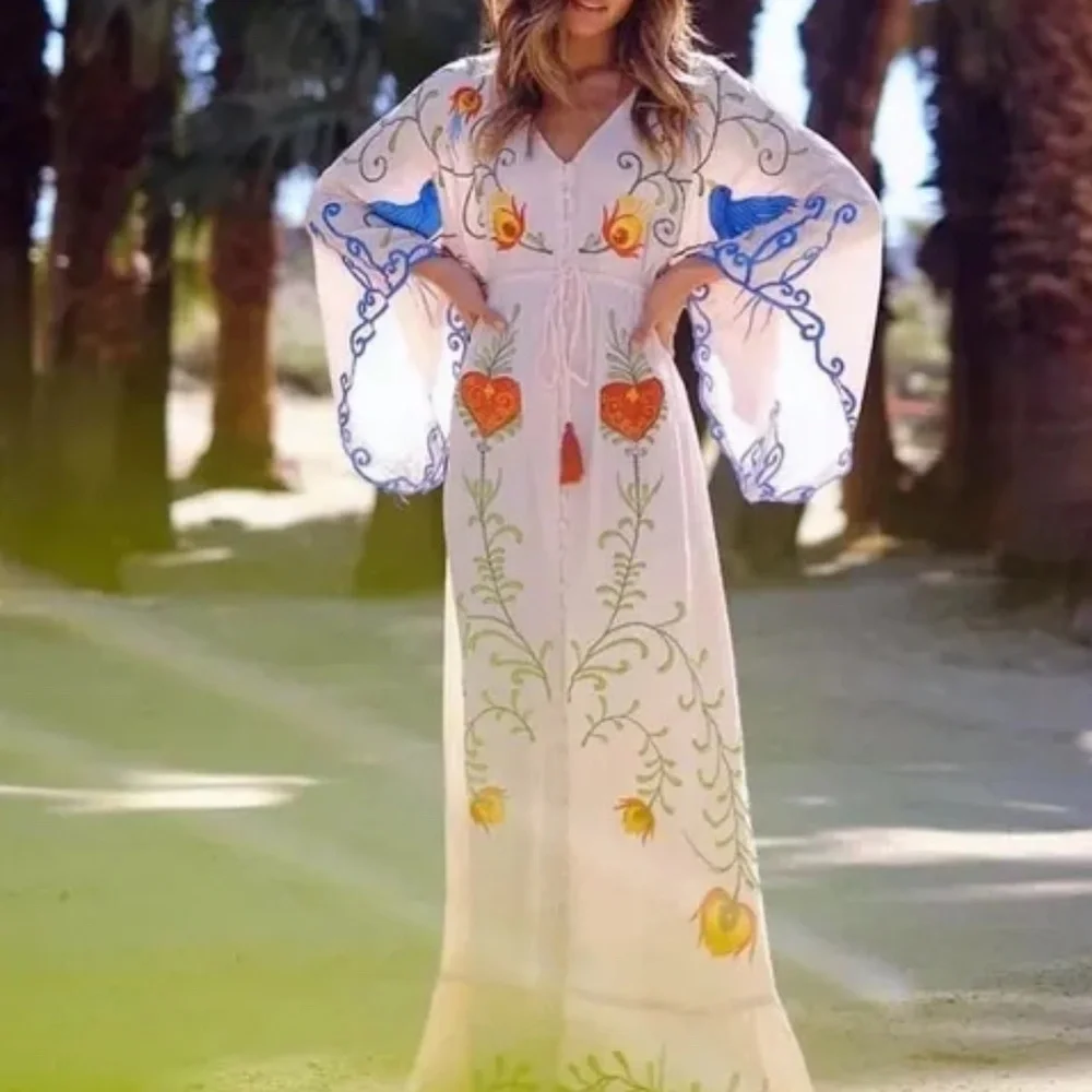 Boho Embroidered Hearts Floral Birds Long Maxi Kimono Dress - Picture 10 of 16